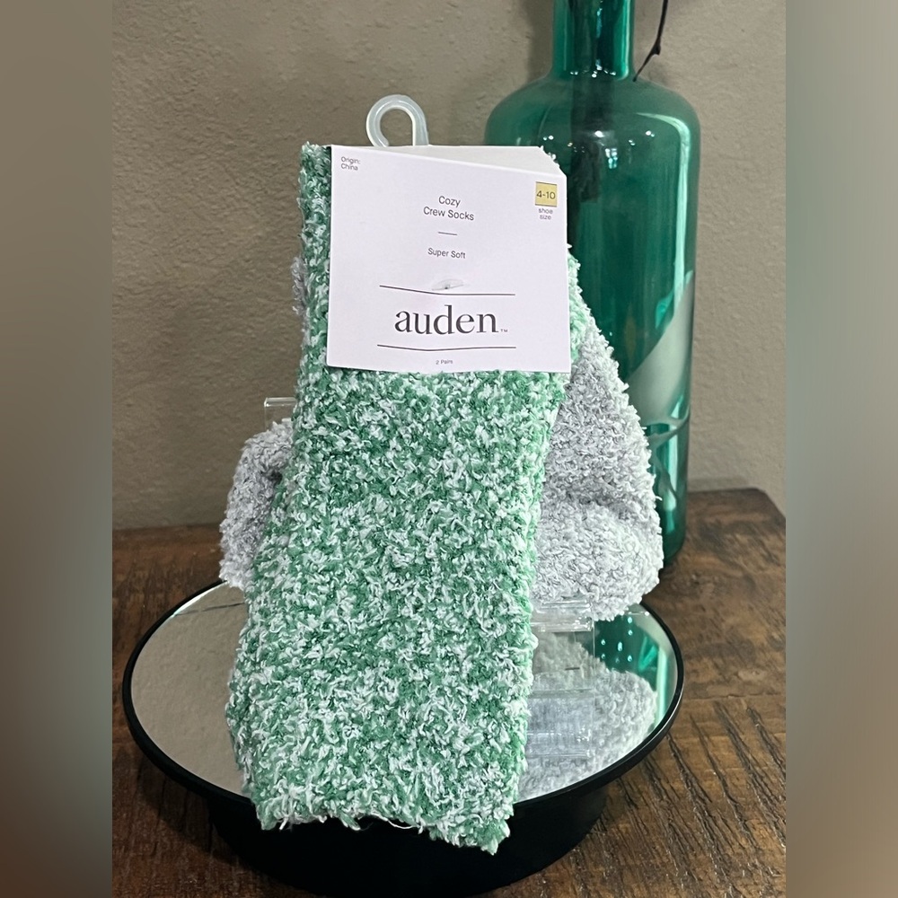 Auden Plush Crew Socks, two pair, Mint Green & Light Blue Gray, new!